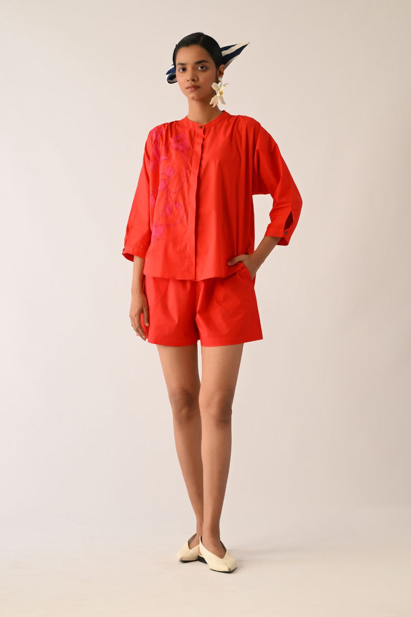Mono Crimson Rj Appliqué Top poplin top/shirt by O'Frida in crimson for women in Singapore