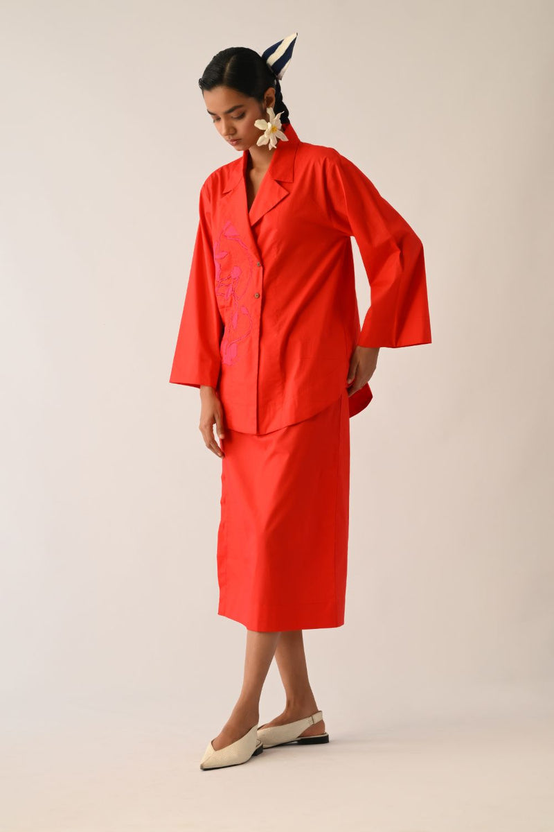 Mono Crimson Psyflora Appliqué Shirt poplin top/shirt by O'Frida in crimson for women in Singapore