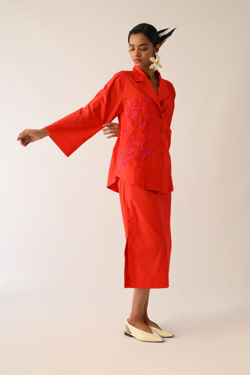Mono Crimson Psyflora Appliqué Shirt poplin top/shirt by O'Frida in crimson for women in Singapore