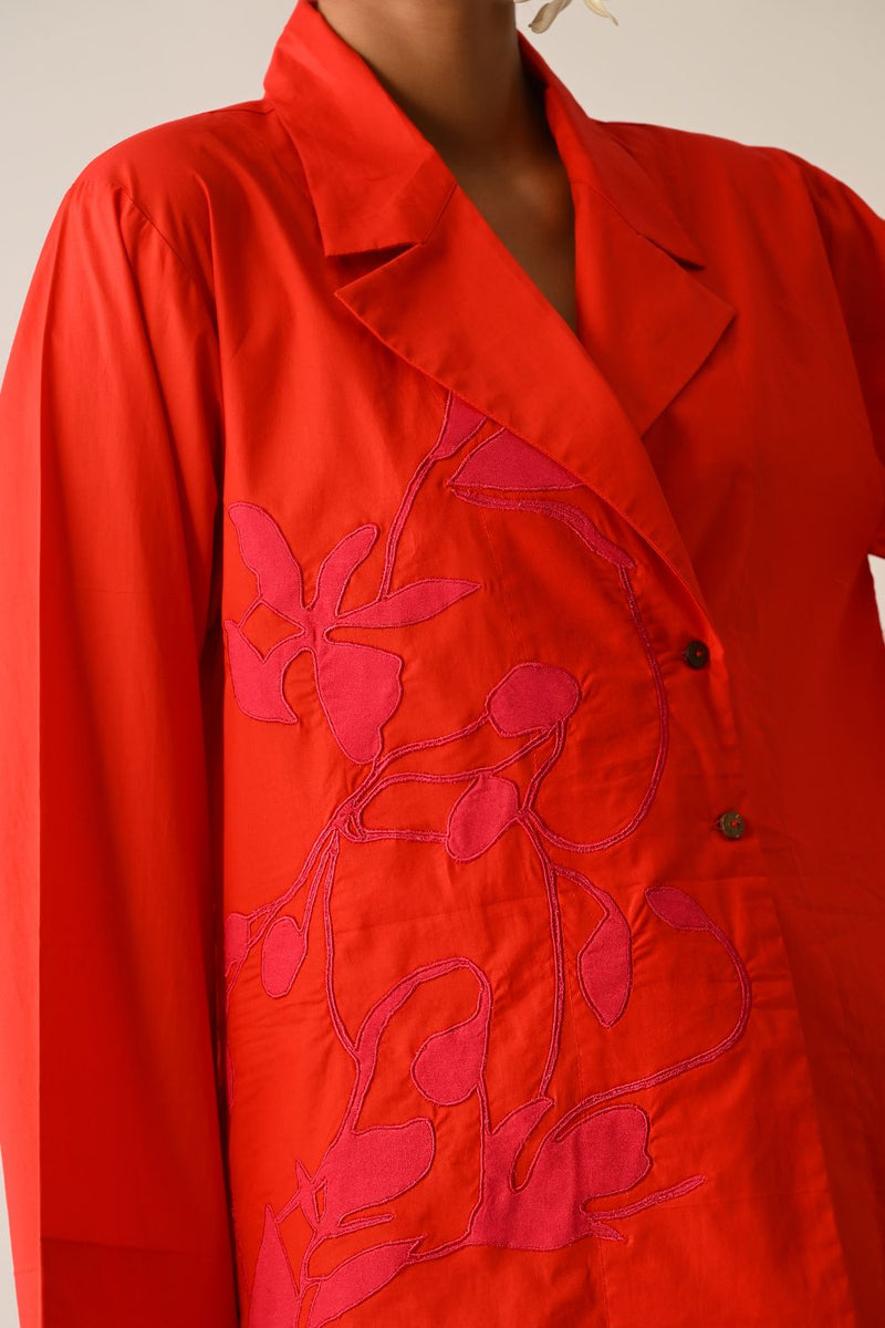 Mono Crimson Psyflora Appliqué Shirt poplin top/shirt by O'Frida in crimson for women in Singapore