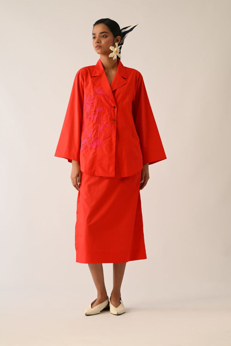 Mono Crimson Psyflora Appliqué Shirt poplin top/shirt by O'Frida in crimson for women in Singapore