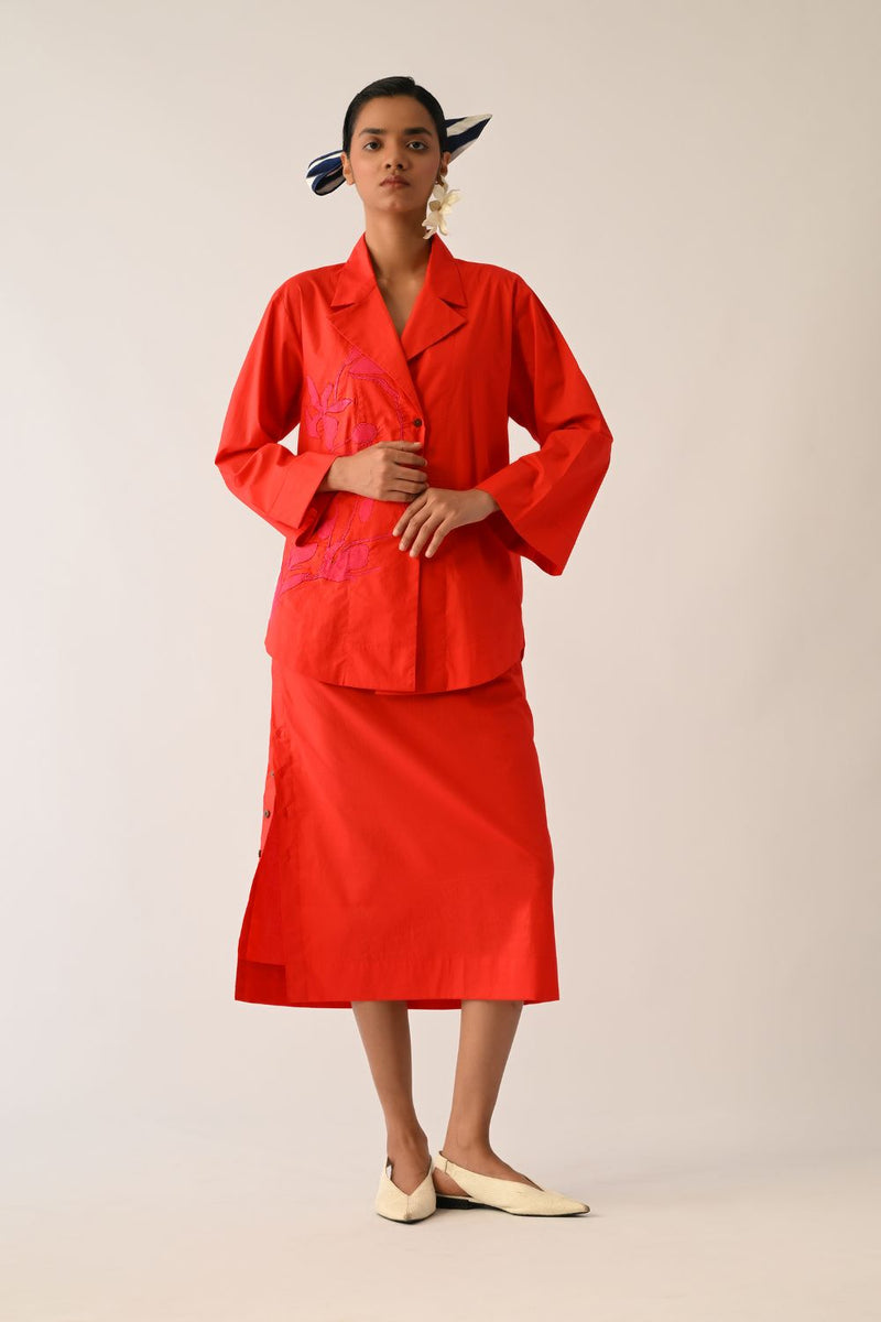 Mono Crimson Midi Skirt poplin skirt by O'Frida in crimson for women in Singapore