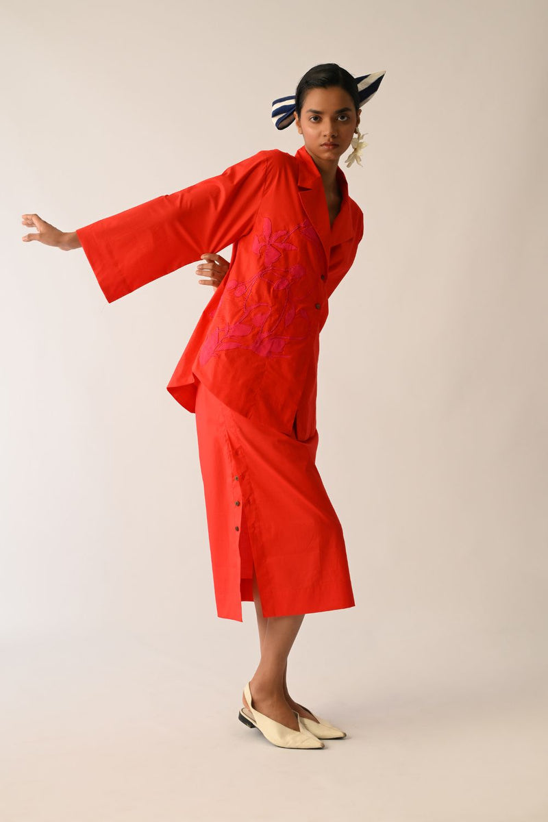 Mono Crimson Midi Skirt poplin skirt by O'Frida in crimson for women in Singapore