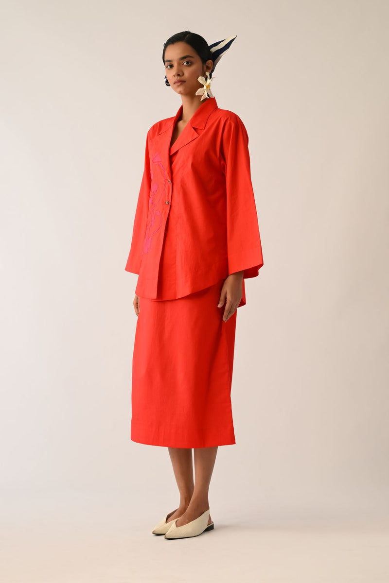 Mono Crimson Midi Skirt poplin skirt by O'Frida in crimson for women in Singapore