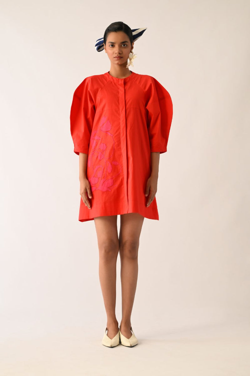 Mono Crimson Bubble Sleeve Aline Short Appliqué Dress poplin dress by O'Frida in crimson for women in Singapore