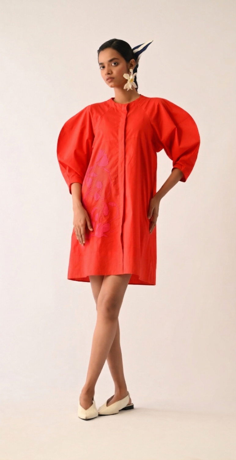 Mono Crimson Bubble Sleeve Aline Short Appliqué Dress poplin dress by O'Frida in crimson for women in Singapore