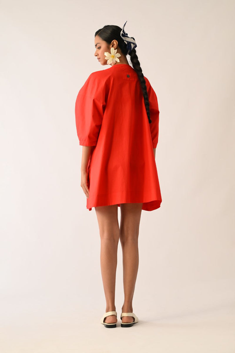 Mono Crimson Bubble Sleeve Aline Short Appliqué Dress poplin dress by O'Frida in crimson for women in Singapore
