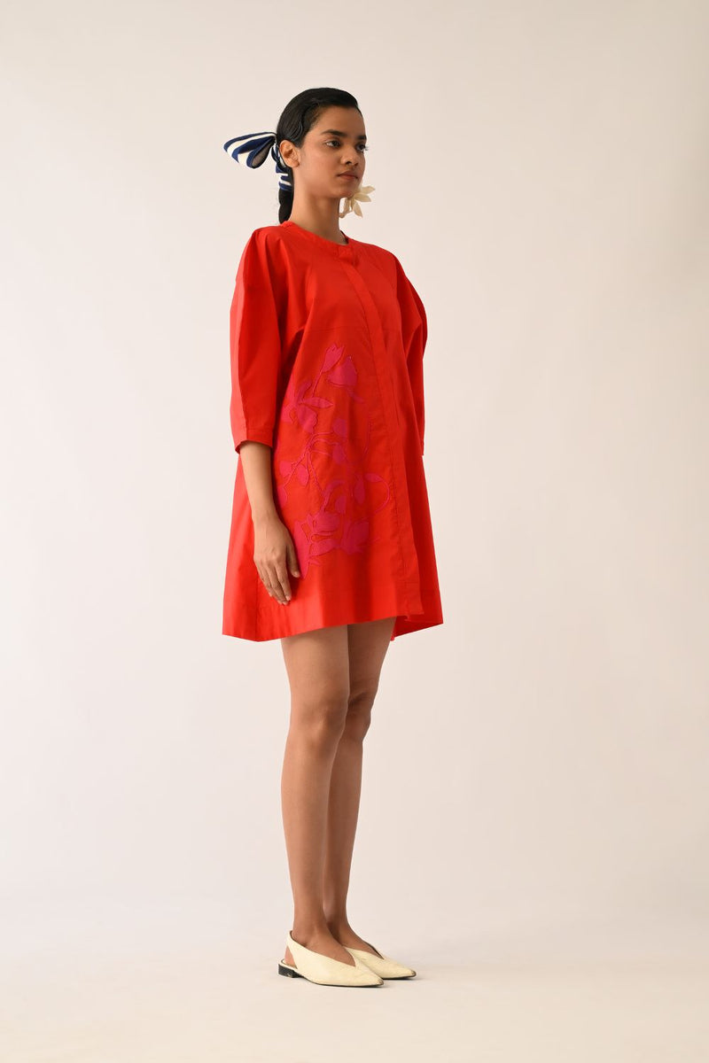 Mono Crimson Bubble Sleeve Aline Short Appliqué Dress poplin dress by O'Frida in crimson for women in Singapore