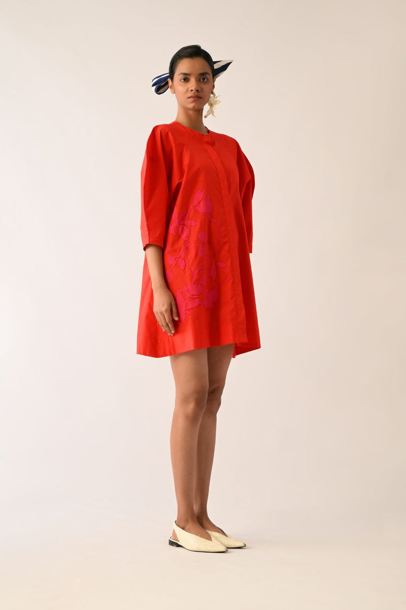 Mono Crimson Bubble Sleeve Aline Short Appliqué Dress poplin dress by O'Frida in crimson for women in Singapore