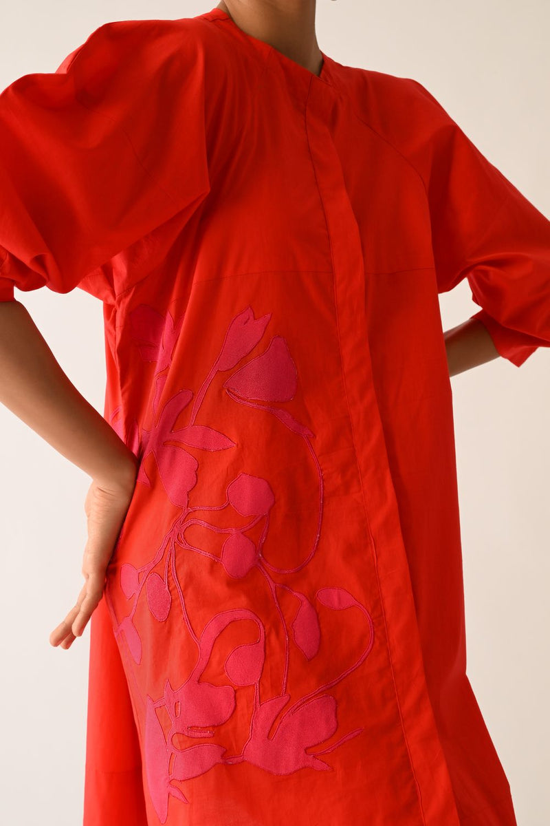 Mono Crimson Bubble Sleeve Aline Short Appliqué Dress poplin dress by O'Frida in crimson for women in Singapore