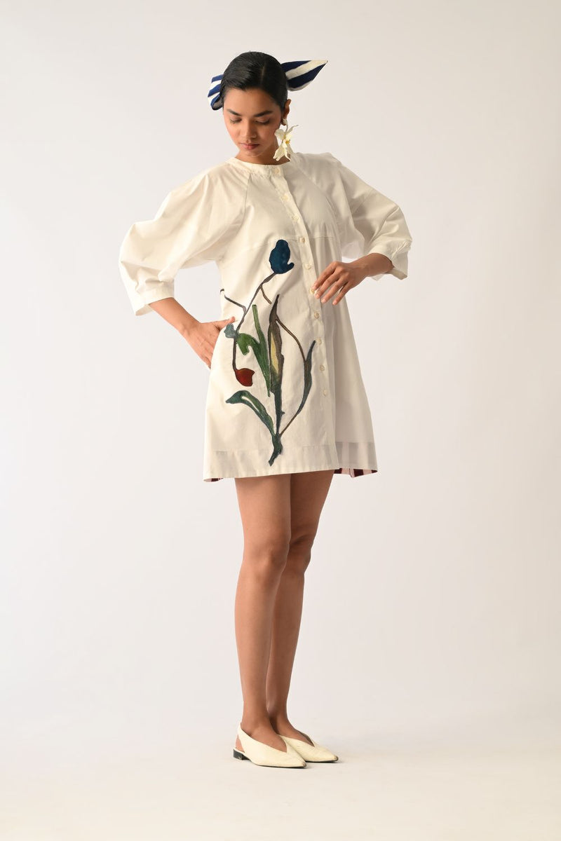 Botanica Ivory Bubble Aline Appliqué Dress poplin dress by O'Frida in ivory for women in Singapore