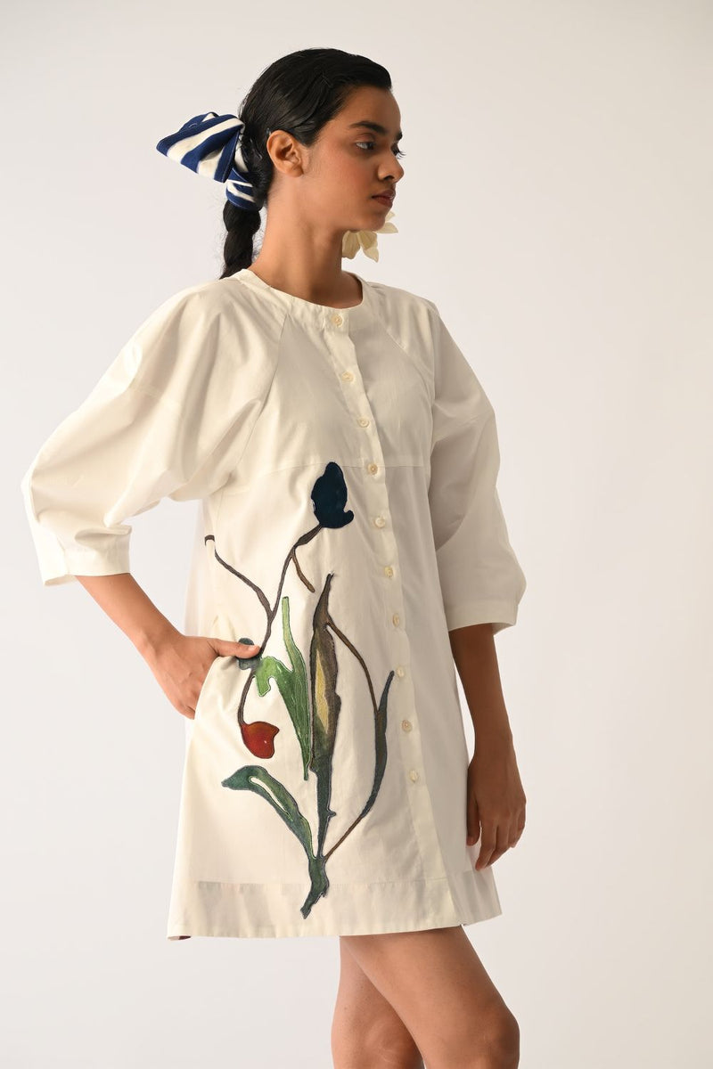 Botanica Ivory Bubble Aline Appliqué Dress poplin dress by O'Frida in ivory for women in Singapore