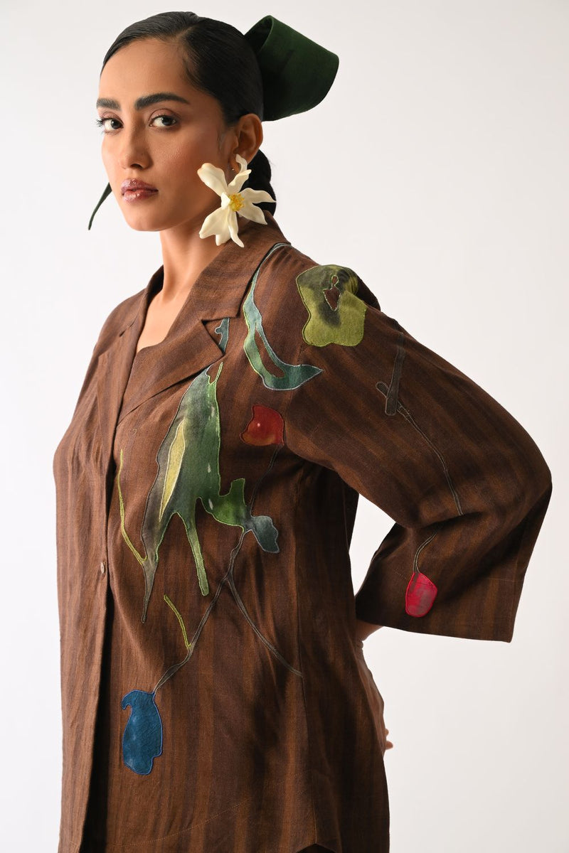 Brown Psyflora Appliqué Shirt cotton top/shirt by O'Frida in brown for women in Singapore