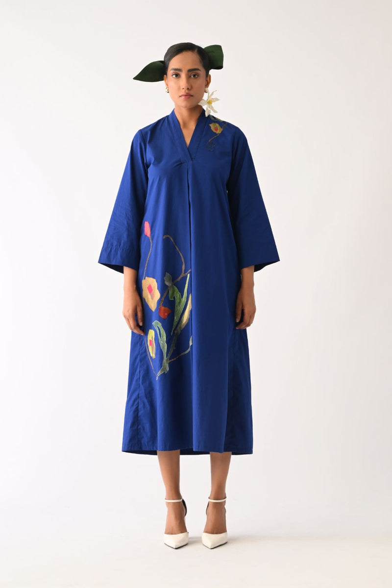 Botanica RB PG Aline Appliqué Dress poplin dress by O'Frida in royal blue for women in Singapore