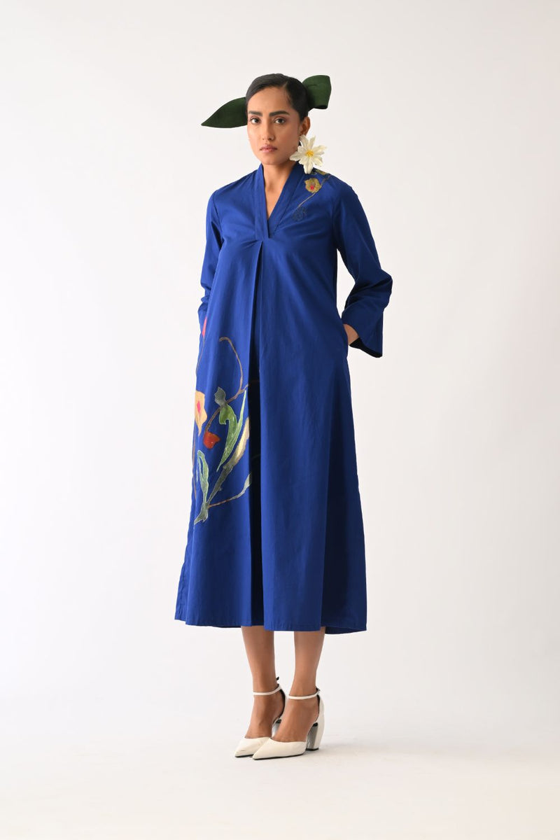 Botanica RB PG Aline Appliqué Dress poplin dress by O'Frida in royal blue for women in Singapore