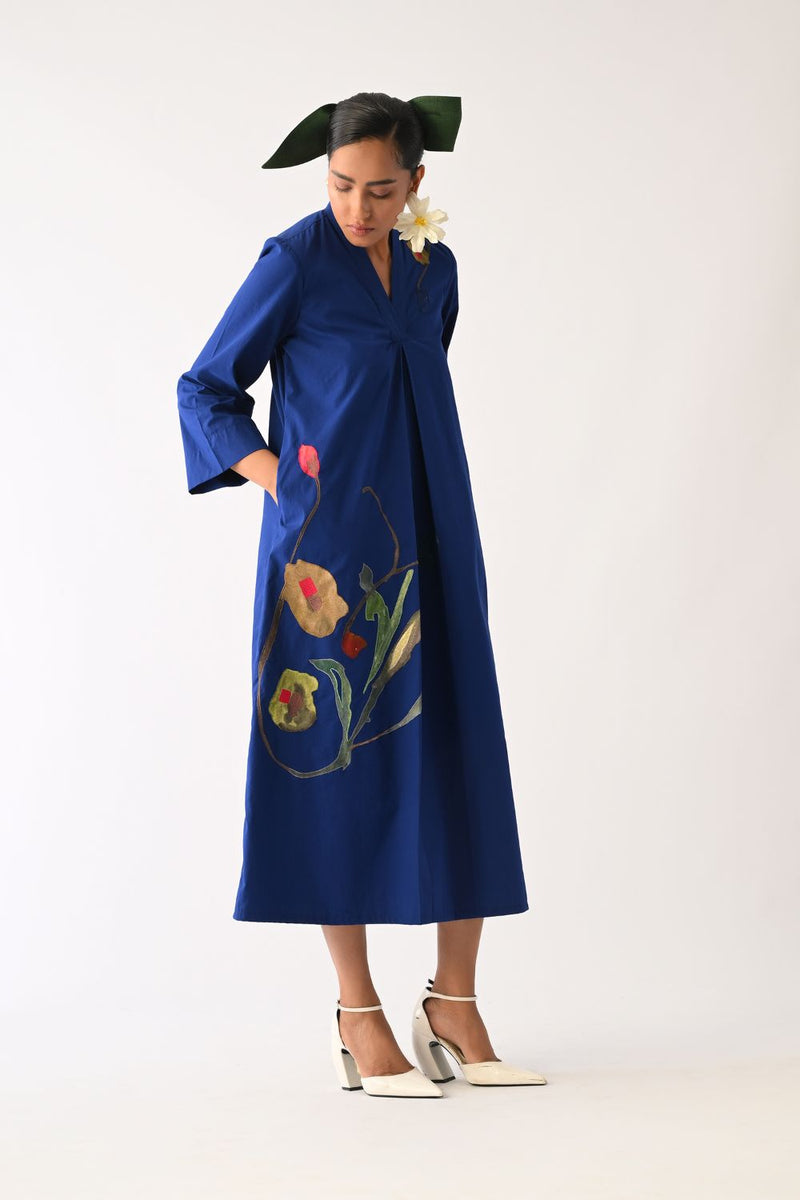 Botanica RB PG Aline Appliqué Dress poplin dress by O'Frida in royal blue for women in Singapore