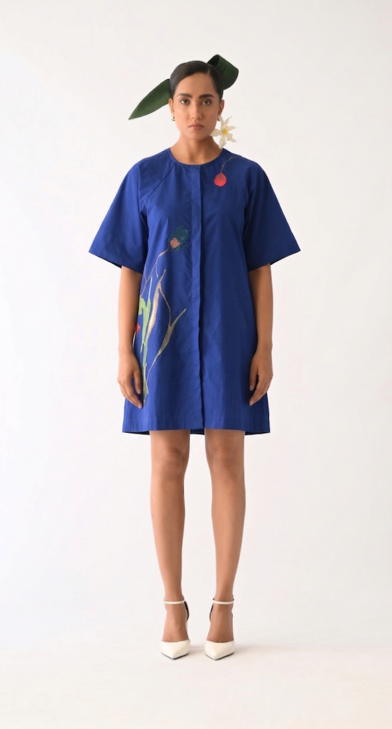 Botanica RB Aline Short Appliqué Dress poplin dress by O'Frida in royal blue for women in Singapore