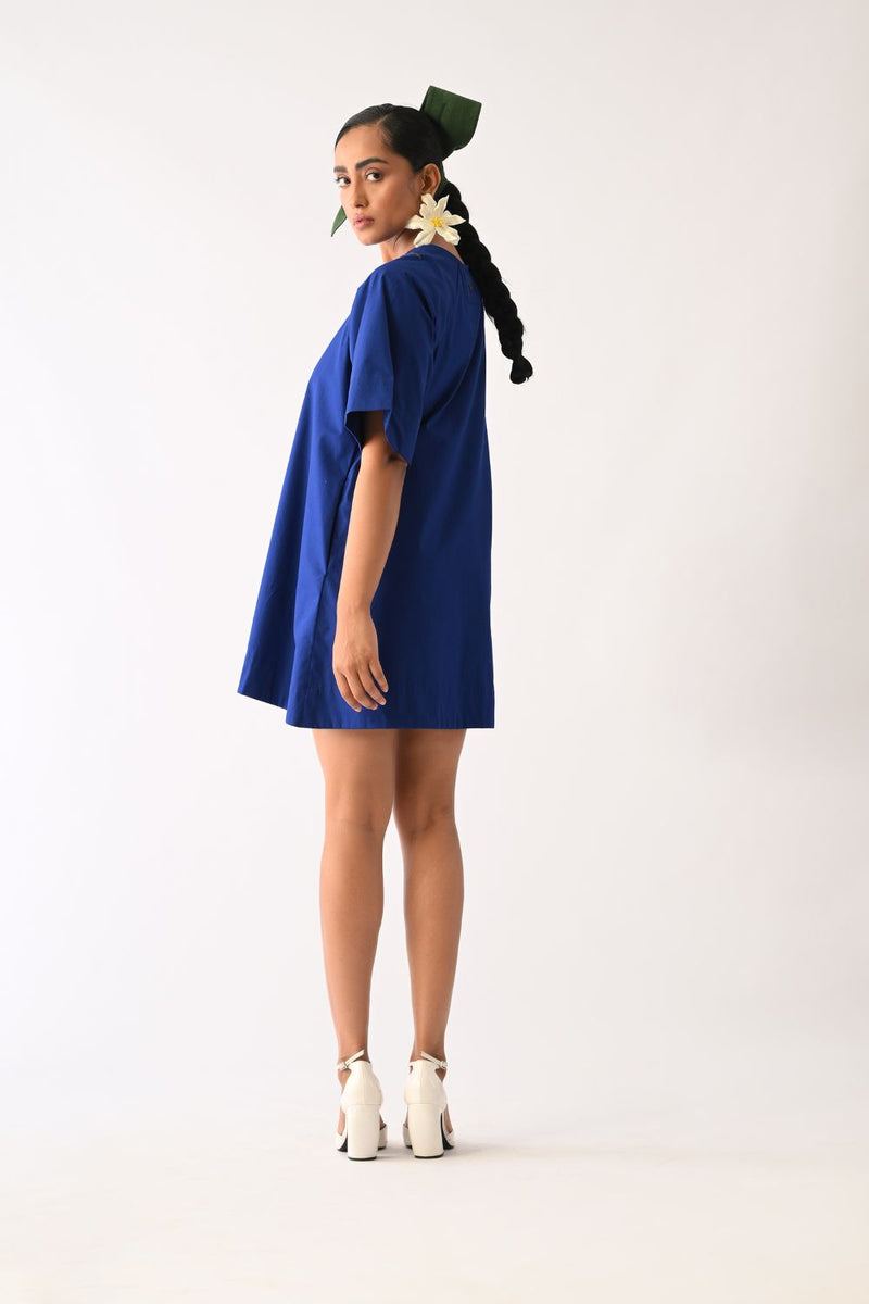 Botanica RB Aline Short Appliqué Dress poplin dress by O'Frida in royal blue for women in Singapore