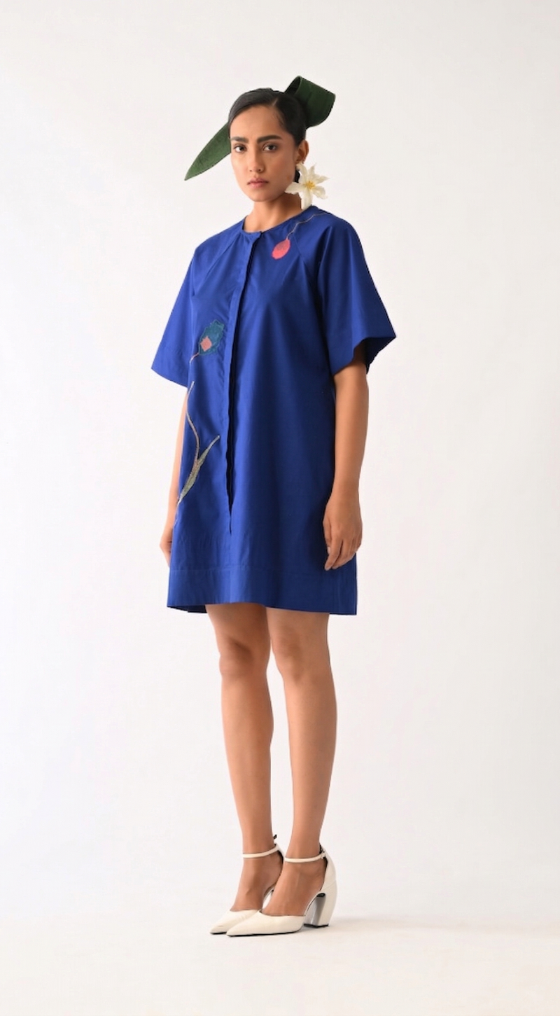 Botanica RB Aline Short Appliqué Dress poplin dress by O'Frida in royal blue for women in Singapore