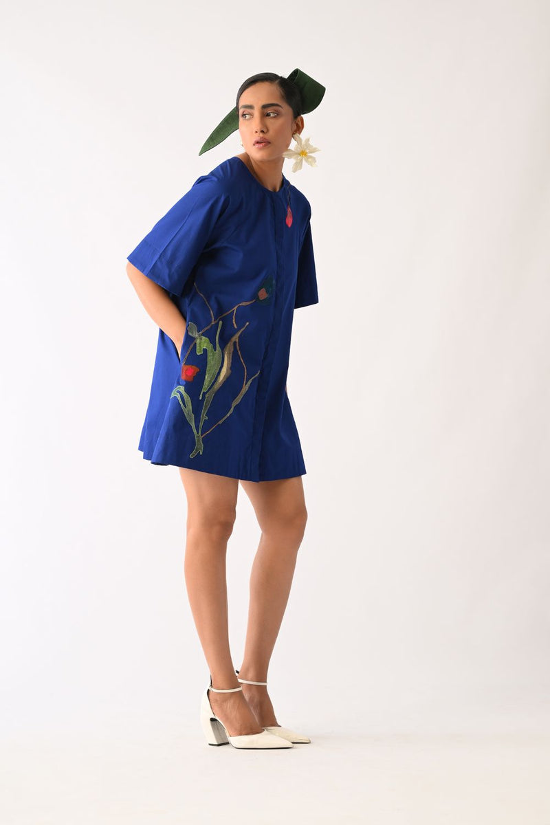 Botanica RB Aline Short Appliqué Dress poplin dress by O'Frida in royal blue for women in Singapore