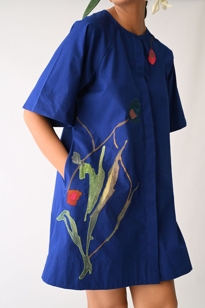 Botanica RB Aline Short Appliqué Dress poplin dress by O'Frida in royal blue for women in Singapore