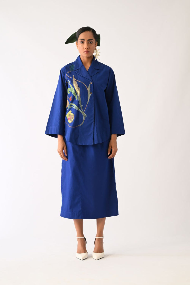 Botanica RB Psyflora Appliqué Shirt poplin top/shirt by O'Frida in royal blue for women in Singapore