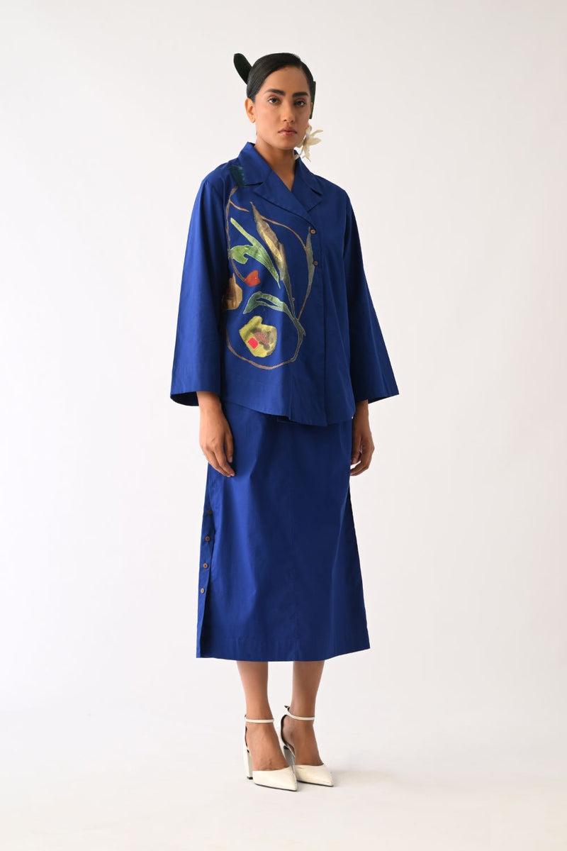 Botanica RB Psyflora Appliqué Shirt poplin top/shirt by O'Frida in royal blue for women in Singapore