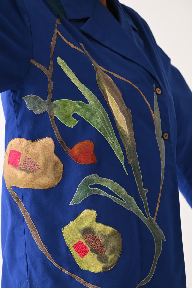 Botanica RB Psyflora Appliqué Shirt poplin top/shirt by O'Frida in royal blue for women in Singapore