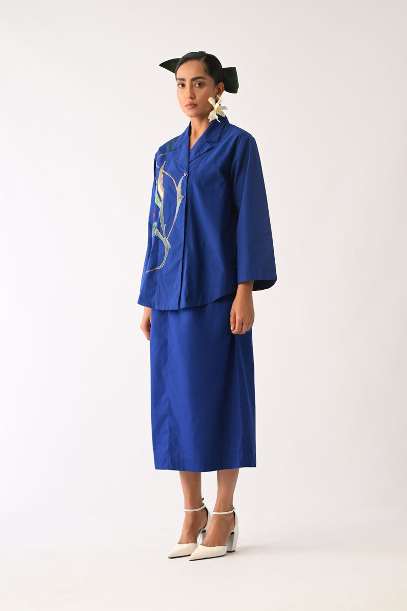 Botanica RB Psyflora Appliqué Shirt poplin top/shirt by O'Frida in royal blue for women in Singapore