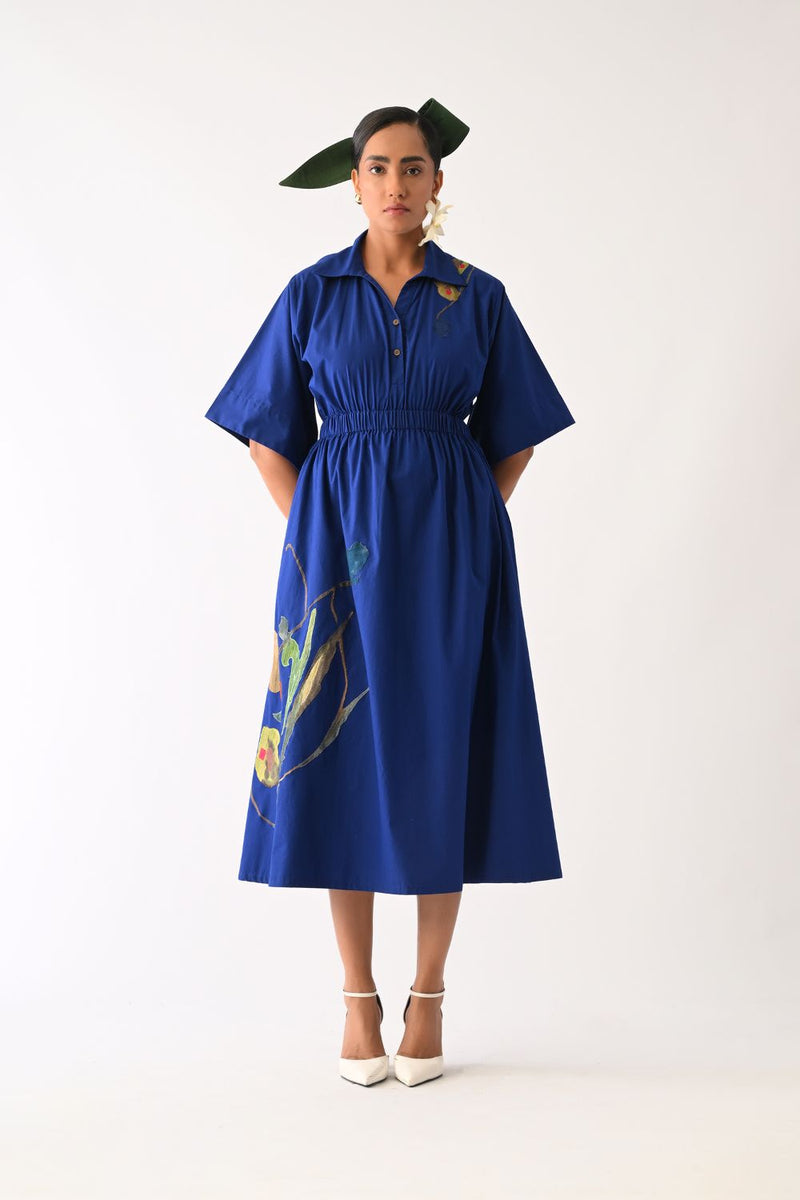Botanica RB Poem Aline Appliqué Dress poplin dress by O'Frida in royal blue for women in Singapore