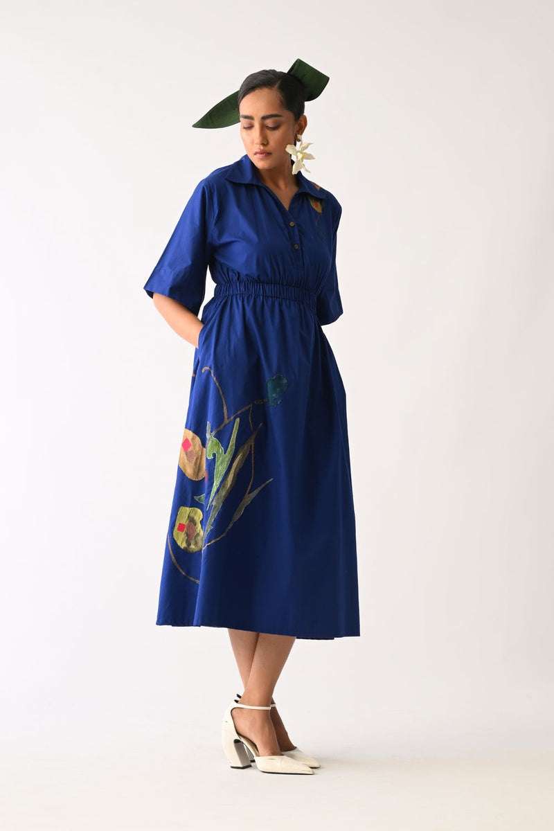 Botanica RB Poem Aline Appliqué Dress poplin dress by O'Frida in royal blue for women in Singapore