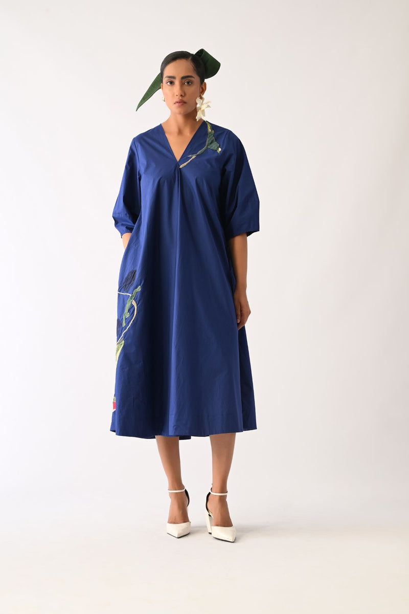 RB Mayflower Appliqué Dress poplin dress by O'Frida in royal blue for women in Singapore
