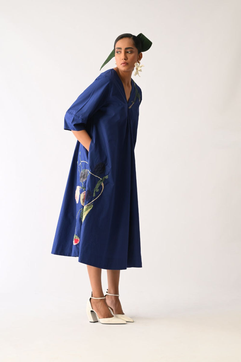 RB Mayflower Appliqué Dress poplin dress by O'Frida in royal blue for women in Singapore