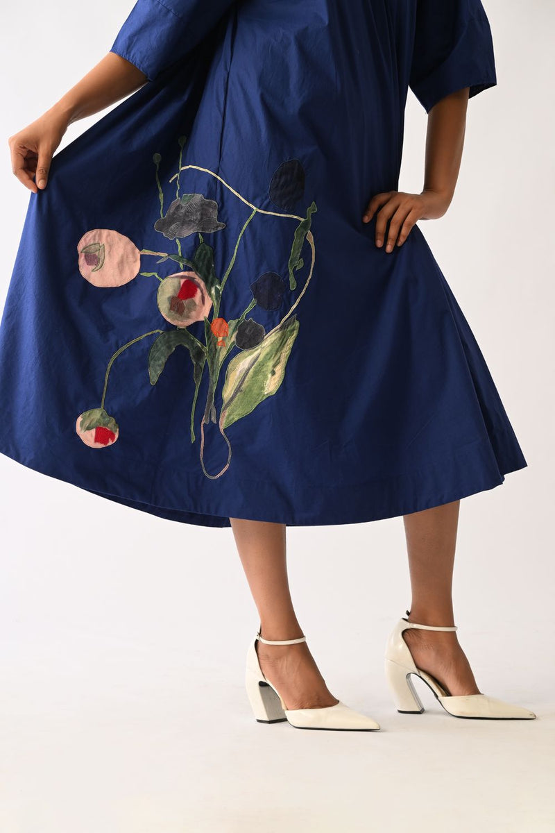 RB Mayflower Appliqué Dress poplin dress by O'Frida in royal blue for women in Singapore