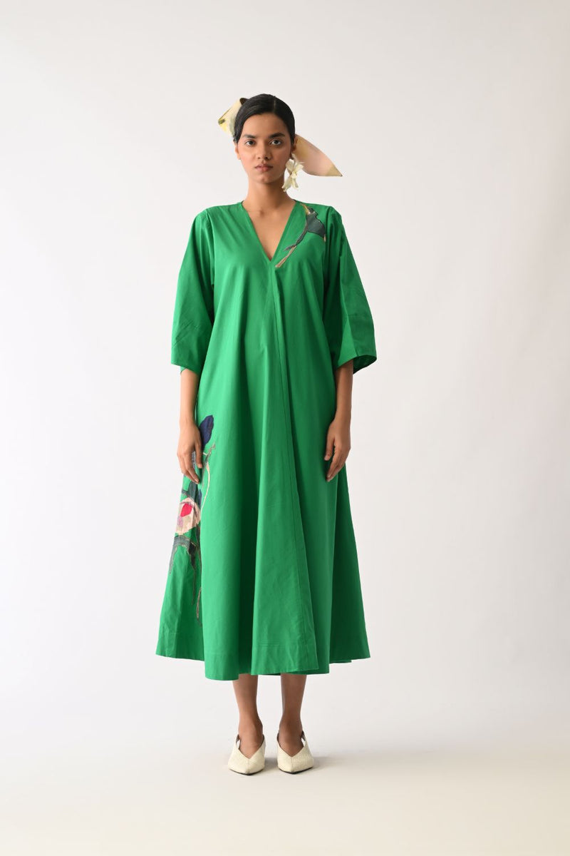 Emerald Mayflower Appliqué Dress poplin dress by O'Frida in emerald for women in Singapore