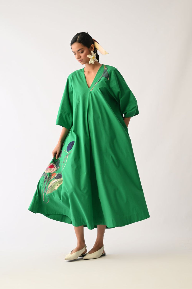 Emerald Mayflower Appliqué Dress poplin dress by O'Frida in emerald for women in Singapore