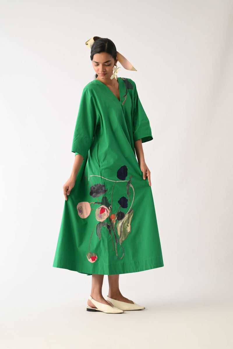 Emerald Mayflower Appliqué Dress poplin dress by O'Frida in emerald for women in Singapore
