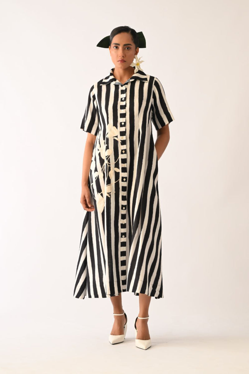 Revolt B&W Full Placket Appliqué Dress cotton dress by O'Frida in black & white for women in Singapore