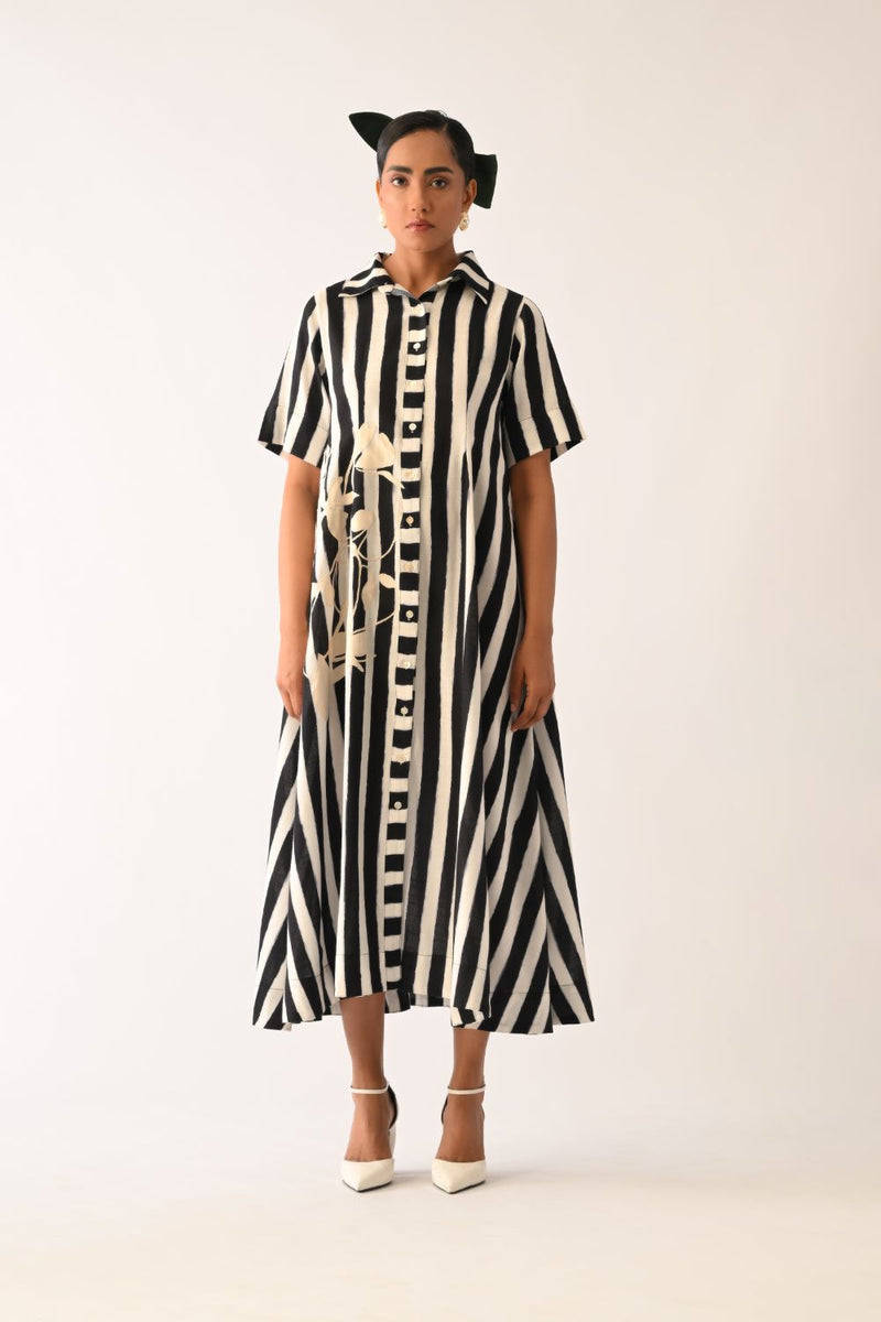 Revolt B&W Full Placket Appliqué Dress cotton dress by O'Frida in black & white for women in Singapore