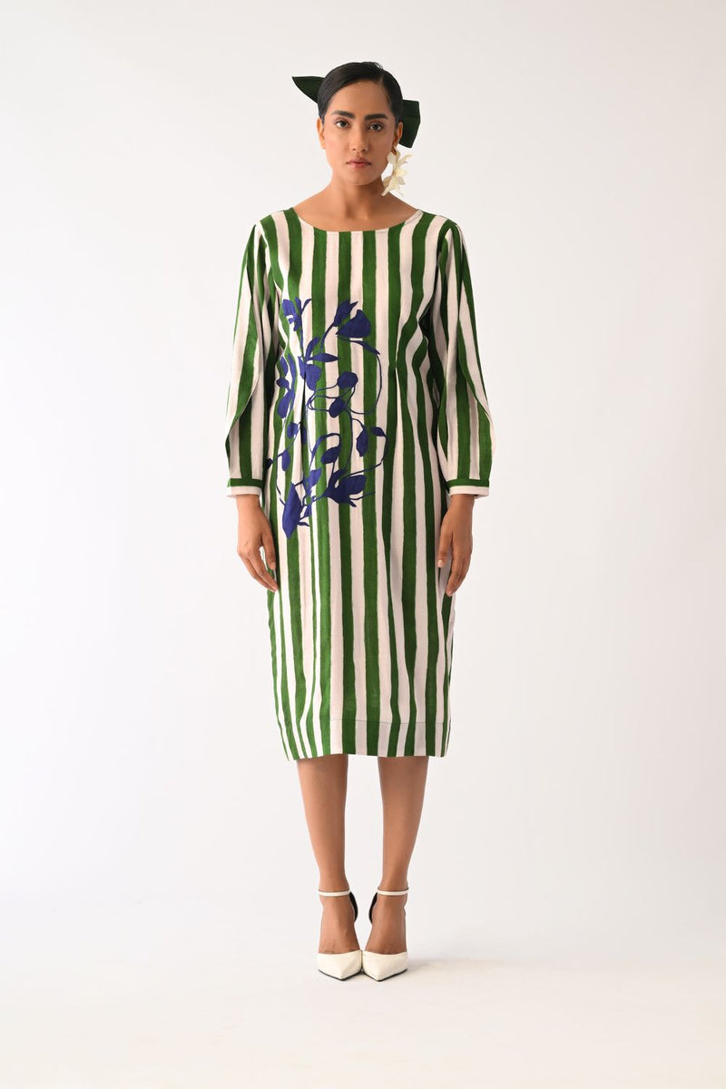 Revolt G Midi Gathered Appliqué Dress cotton dress by O'Frida in green & white for women in Singapore