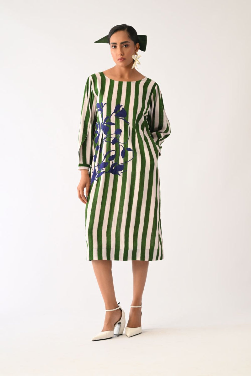 Revolt G Midi Gathered Appliqué Dress cotton dress by O'Frida in green & white for women in Singapore
