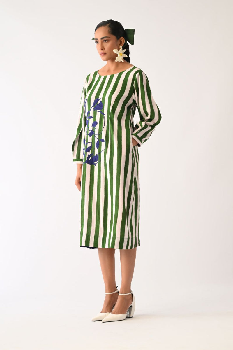 Revolt G Midi Gathered Appliqué Dress cotton dress by O'Frida in green & white for women in Singapore