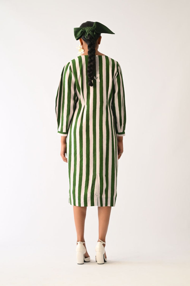 Revolt G Midi Gathered Appliqué Dress cotton dress by O'Frida in green & white for women in Singapore