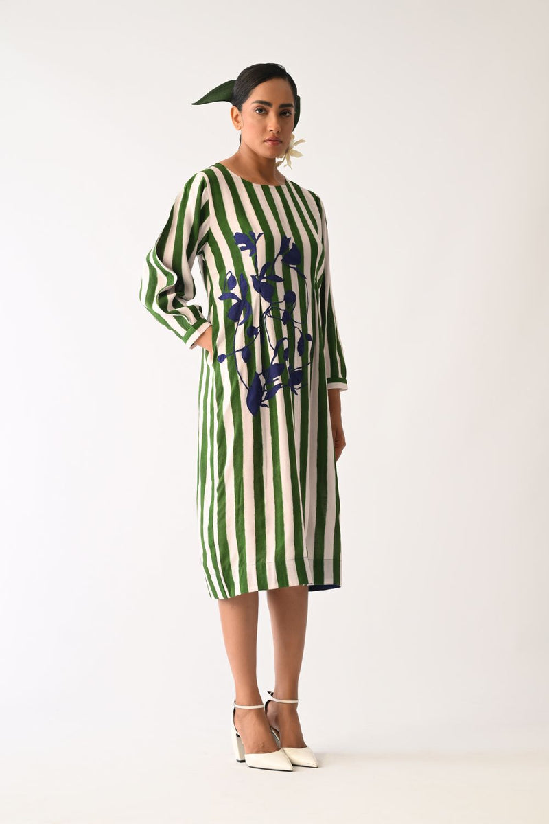 Revolt G Midi Gathered Appliqué Dress cotton dress by O'Frida in green & white for women in Singapore