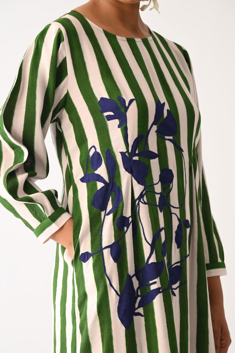 Revolt G Midi Gathered Appliqué Dress cotton dress by O'Frida in green & white for women in Singapore