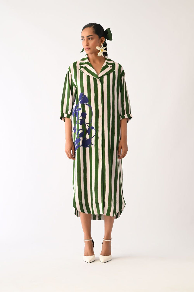 Revolt G Trench Appliqué Dress cotton dress by O'Frida in green & white for women in Singapore