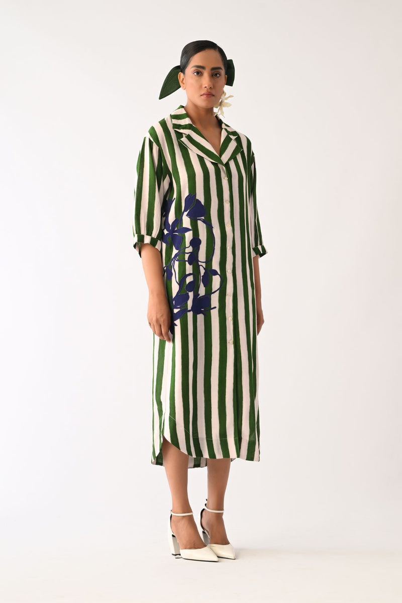 Revolt G Trench Appliqué Dress cotton dress by O'Frida in green & white for women in Singapore