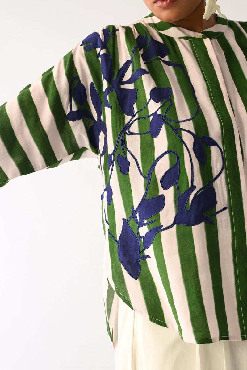 Revolt G Rj Appliqué Top cotton top/shirt by O'Frida in green & white for women in Singapore