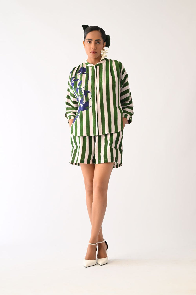Revolt G Rj Appliqué Top cotton top/shirt by O'Frida in green & white for women in Singapore