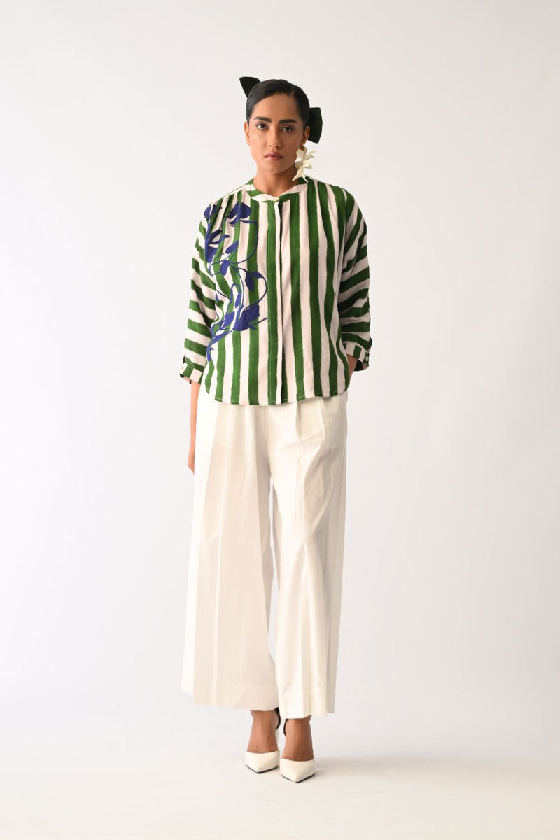 Revolt G Rj Appliqué Top cotton top/shirt by O'Frida in green & white for women in Singapore